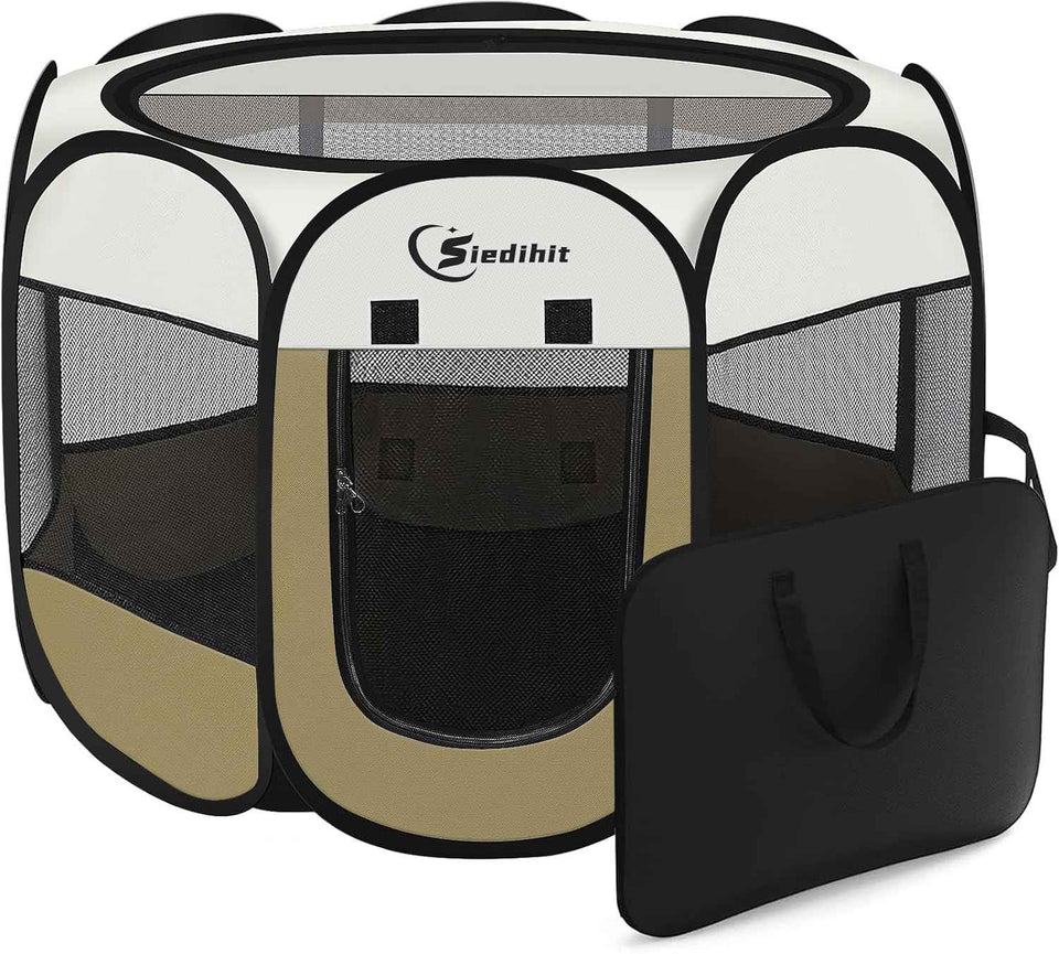 Dog Cat Playpen, Puppy Pet Playpen Indoor for Small Dogs Tent Crates Cage Outdoor, Portable Pop Up Dog Kennel Playpen with Carrying Case for Dogs/Cats/Rabbits, Removable Zipper Top, Grey