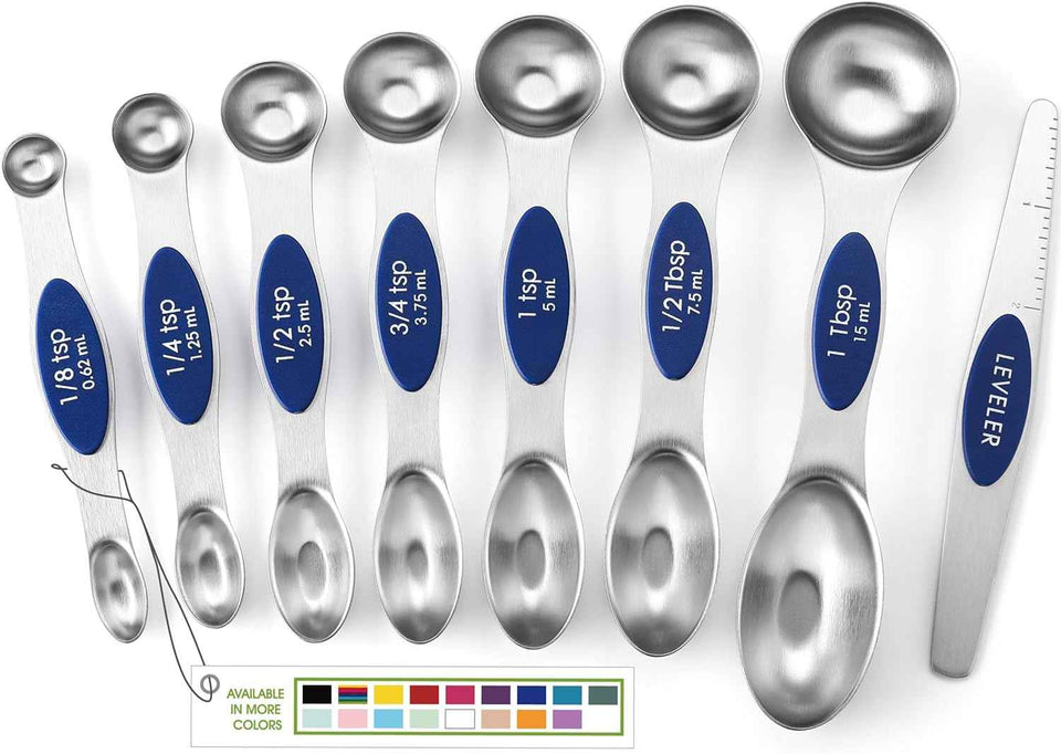 Spring Chef Stainless Steel Magnetic Measuring Spoons Set with Strong N45 Magnets, Heavy Duty Metal Kitchen Gadgets for Baking & Cooking, Fits in Most Kitchen Spice Jars, Set of 8 with Leveler, Black