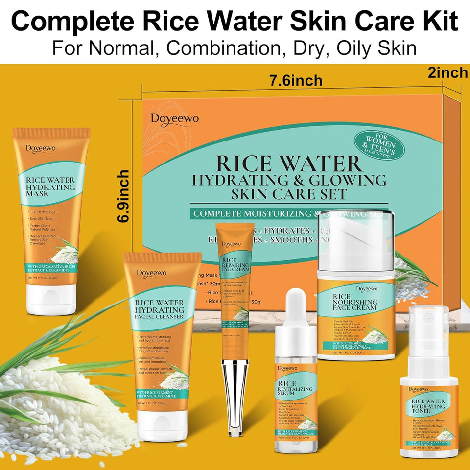 Doyeewo 6-piece women's glass skincare set with Korean rice extract, hydrate glow repair anti-aging facial routine kit for normal, dry, oily, combination skin types