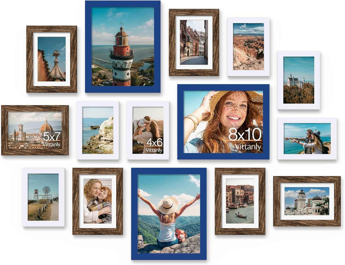 Vittanly 15 Pack Picture Frames Collage Wall Decor for Mounting or Tabletop Display, Gallery Frame Set for Family, Multi Sizes Including 3pcs 8x10, 6pcs 5x7, 6pcs 4x6, Black
