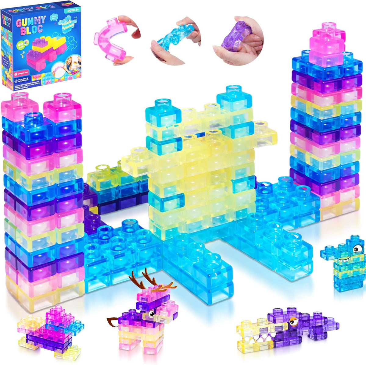 JOY SPOT! 40 PCS Sensory Soft Building Blocks for Toddlers, Kids Montessori Squishy Stacking Toy Set,Squeezable & Stretchable Early Learning Construction Playset,Puzzle Blocks for Creative Play