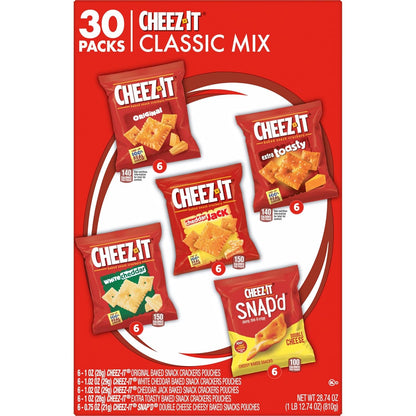 Cheez-It Original, Extra Toasty, Cheddar Jack, White Cheddar, and Cheez-It Snap'd Double Cheese Baked Snack Crackers Variety Pack, 28.74oz Box (30 Packs)