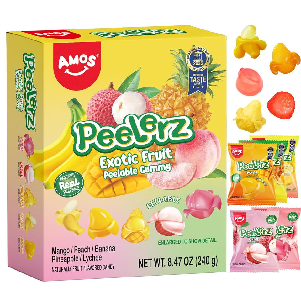 Amos Peelerz exotic fruit peelable gummy candy, 5 flavors, individually wrapped, 8.47oz, 240g