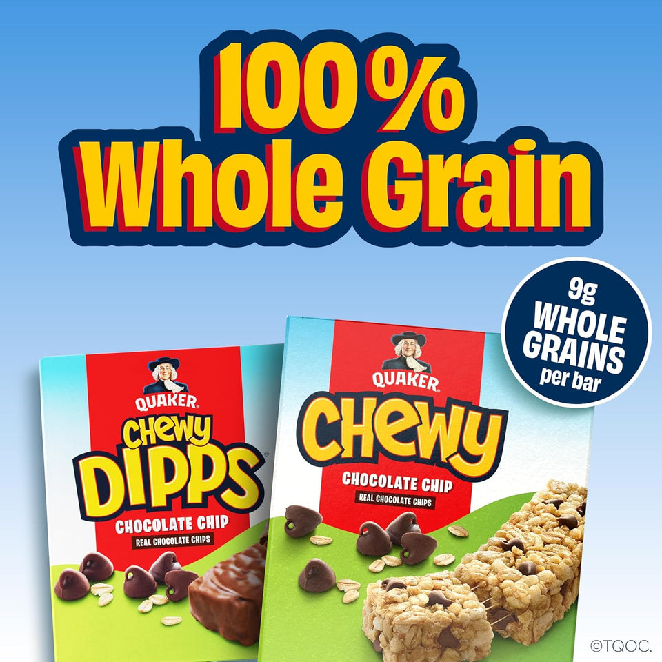 Quaker Chewy Dipps Granola Bars, Chocolate Chip, 14 Count, 1.09 oz, 100% Whole Grains, No Artificial Preservatives