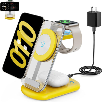 2025 Traveling Wireless Mag-Safe Fast Charging Station,Magnetic 3 in 1 Charger with Light for iPhone 17 16 15 14 13 12 Pro Max Plus,Apple Watch& Air pods 4 3 2 Pro-Gifts for Wife & Husband(White) - Rayz Mart