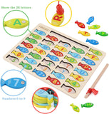 Magnetic Wooden Fishing Game Toy for Toddlers, Alphabet Fish Catching Counting Games Puzzle with Numbers and Letters, Preschool Learning ABC Math Educational Toys 3 4 5 Years Old Girl Boy Kids