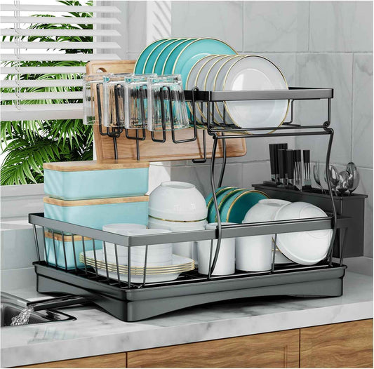 7 code Large Dish Drying Rack for Kitchen Counter, Detachable Large Capacity Dish Drainer Organizer, 2-Tier Dish Racks with Utensil Holder, Black