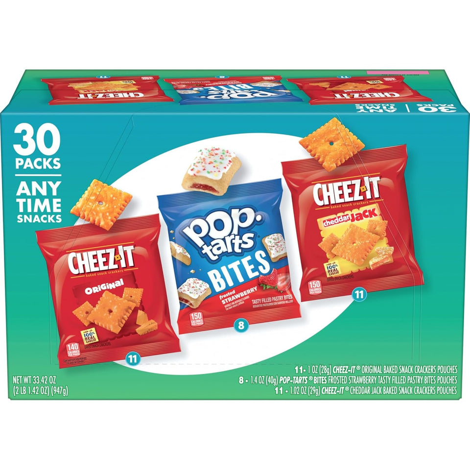 Cheez-It and Pop-Tarts snacks variety pack, 30 count, 33.42oz box, wheat, milk, and soy ingredients