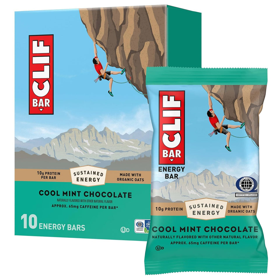 clif bar cool mint chocolate energy bars with caffeine 10-pack organic oats non-gmo