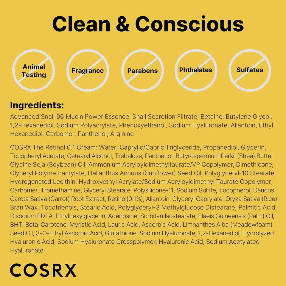 cosrx snail 96 mucin power essence 2ea & retinol 0.1% cream mini sample gift set for glass skin