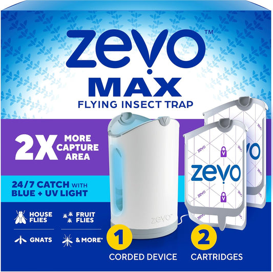Zevo MAX Bug Catcher & Fly Trap for Indoors - Flying Insect Trap for Gnats, House & Fruit Flies - Use in Any Room - No-Mess Disposal (1 Plug in Base & 2 Cartridges)