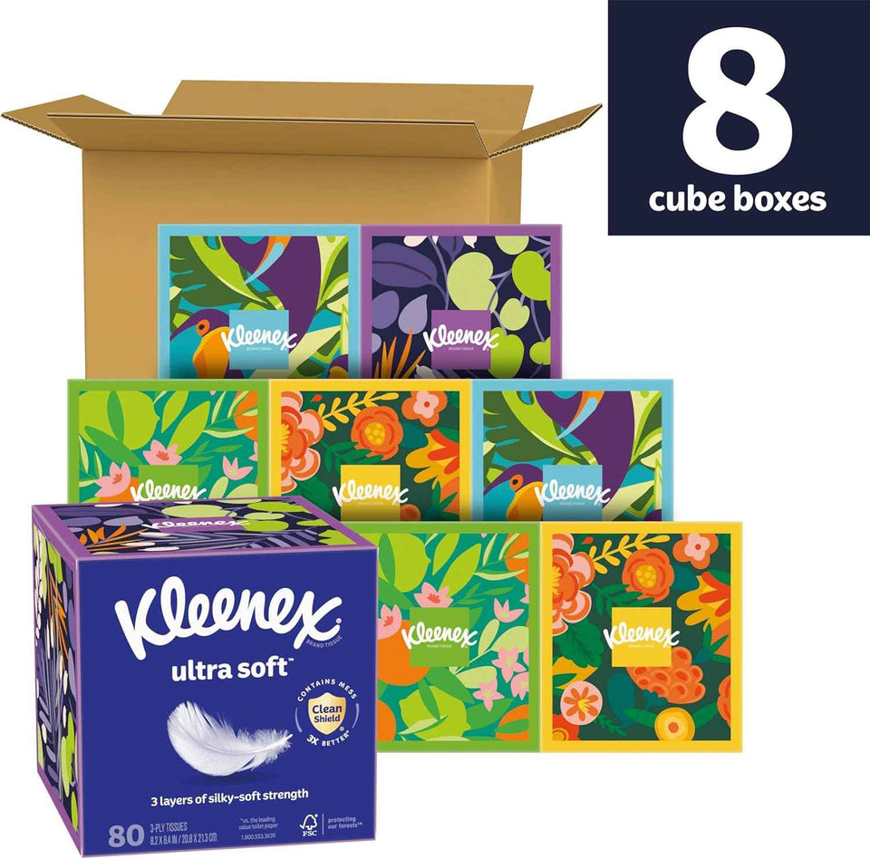 Kleenex Ultra Soft Facial Tissues, 8 Cube Boxes, 80 Tissues per Box, 3-Ply, Packaging May Vary