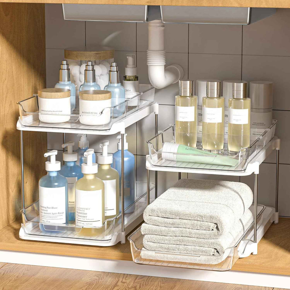 Delamu 2-Tier White Bathroom Under Sink Organizer, Stackable, 2-Pack, Durable, Customizable