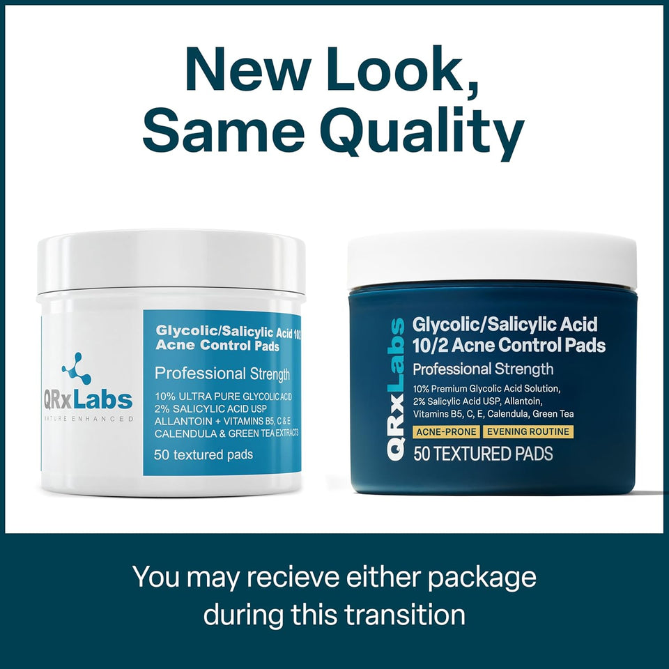 qrxlabs salicylic & glycolic acid pads 2% salicylic & 10% glycolic acne pads for face & bacne with vitamins b5, c, e, calendula, and green tea - 50 count