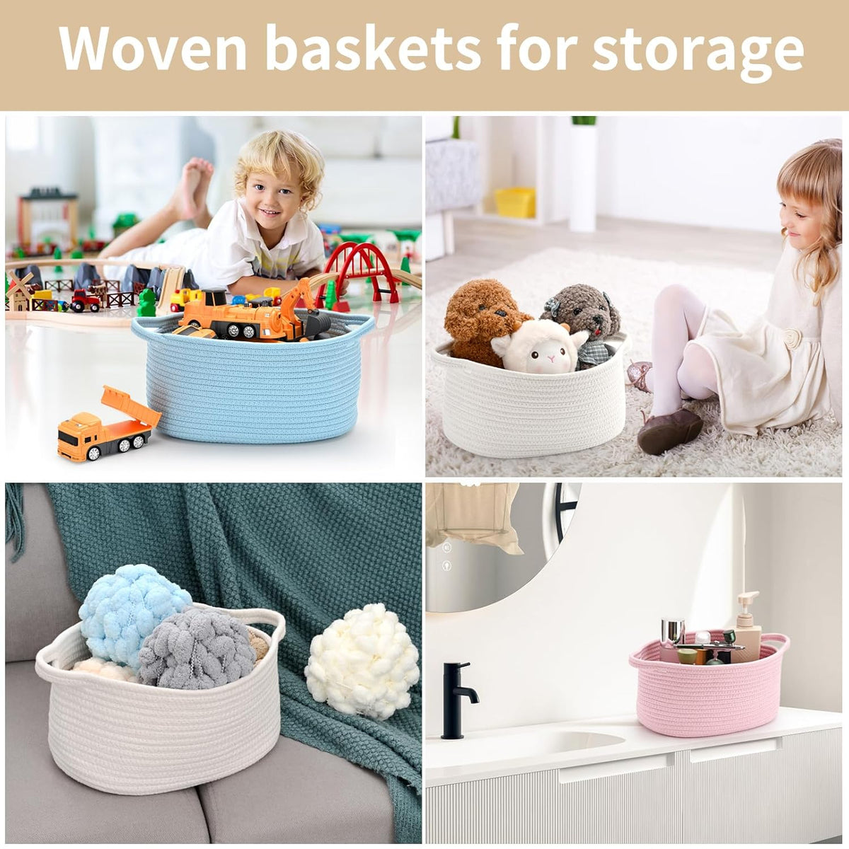 Cute Woven Storage Basket with Handle, Baskets for Gifts Empty, Gift Baskets for Birthday Baby Shower Burr, Decorative Organizer Box for Baby Toy Pet, 13" D x 8" W x 6" H