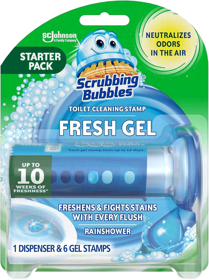 Scrubbing Bubbles Fresh Gel Toilet Bowl Cleaning Stamps, Helps Keep Toilet Clean and Helps Prevent Limescale & Rings, Rainshower Scent, 1 Dispenser with 6 Fresh Gel Stamps
