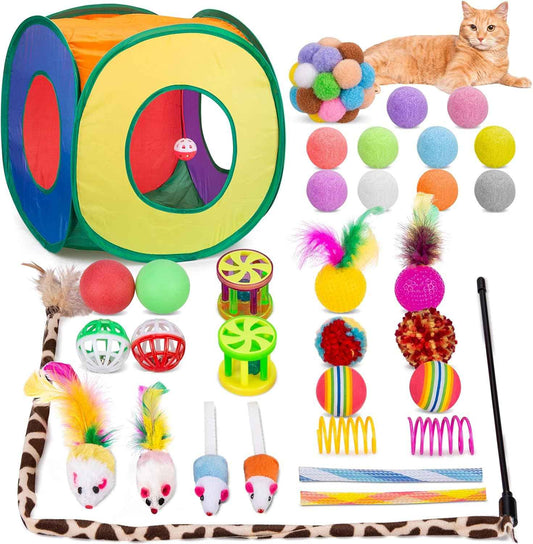 Retro Shaw Cat Toys Pack 33Pcs, Interactive Kitten Toys for Indoor Cats Kitty with Collapsible Play Tunnel Tube Tent Feather Wand Teaser Bell Fuzzy Ball Springs Mouse Toy