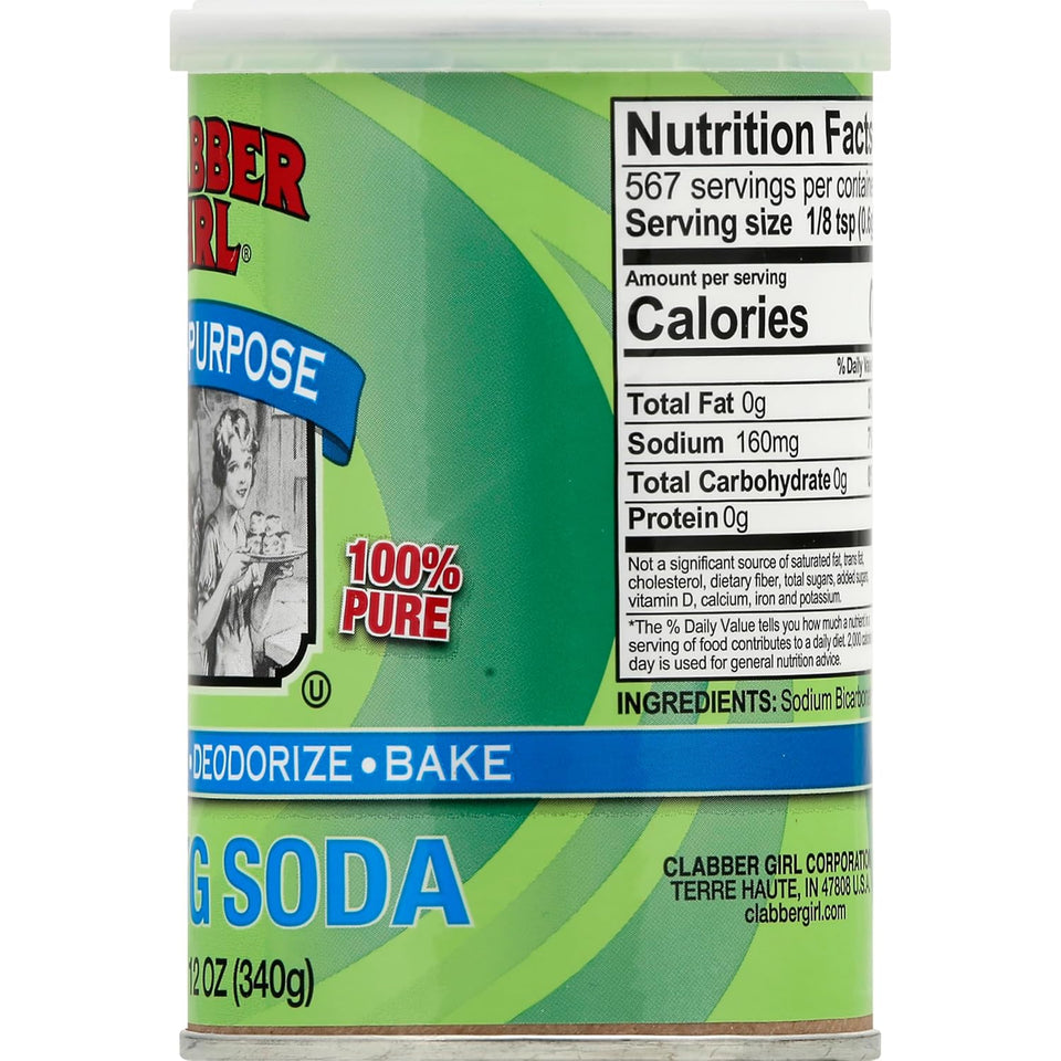 clabber girl baking soda, 12 oz, pure sodium bicarbonate, versatile, easy to use