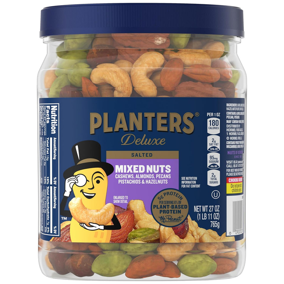 planters deluxe mixed nuts with sea salt, 27 oz resealable container, variety mixed nuts snacks