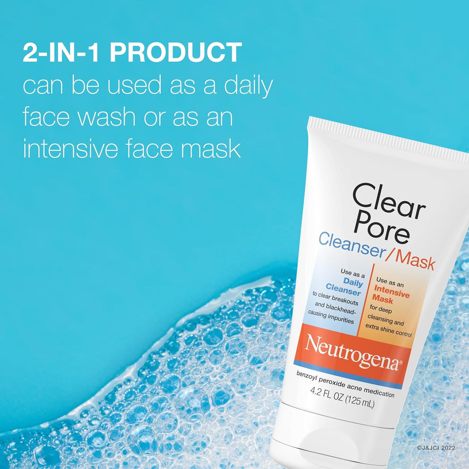 Neutrogena Clear Pore 2 in 1 Facial Cleanser/Face Mask with Kaolin & Bentonite Clay & 3.5% Benzoyl Peroxide Acne Treatment Medication, Daily Face Wash & Shine Control Clay Mask, 4.2 fl. oz, 3 Pack