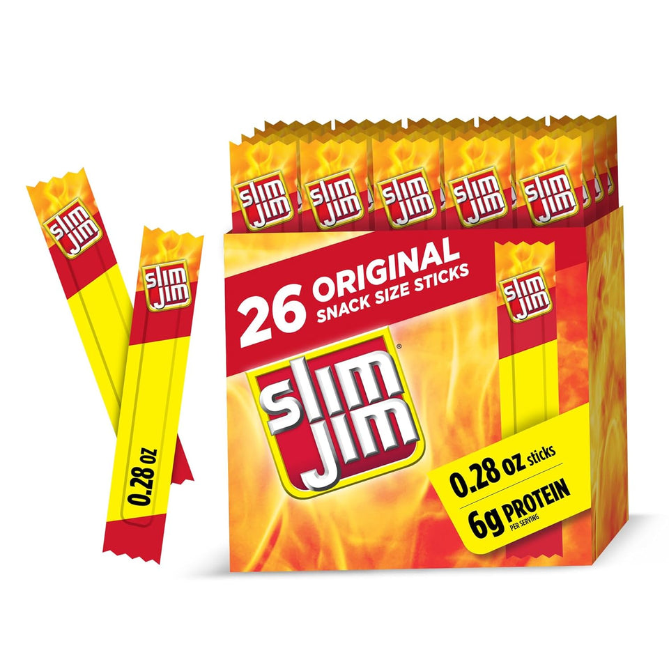 Slim Jim Original Flavor Snack Sticks, 6g Protein, 0.28 oz, 26 Count, Portable Snack Size