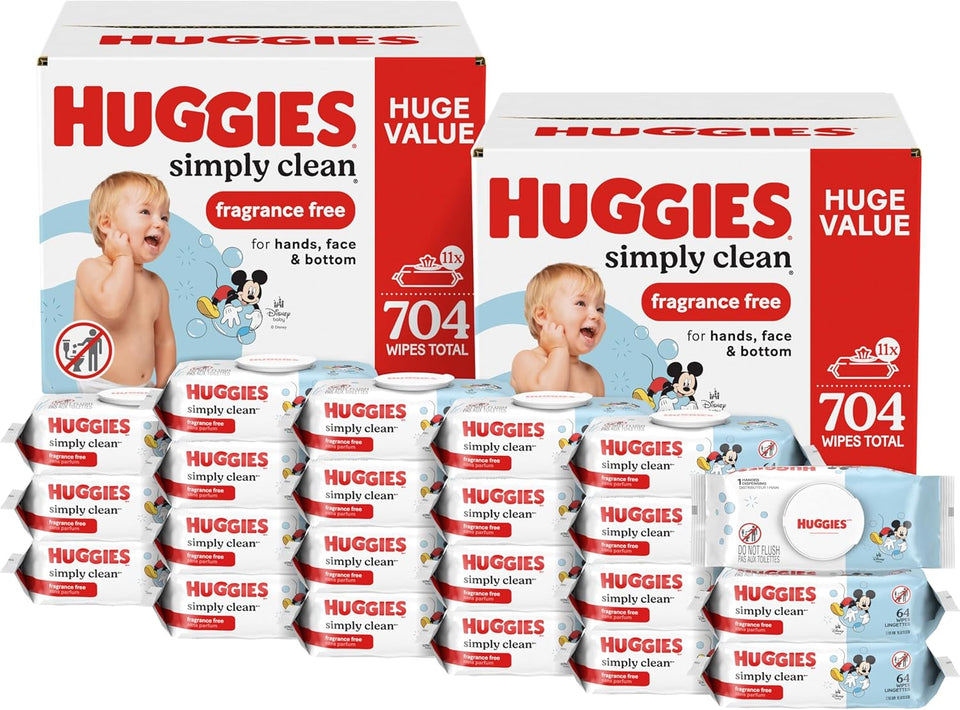 Huggies Simply Clean Unscented Baby Diaper Wipes, 3 flip-top packs, fragrance-free, 192 wipes total