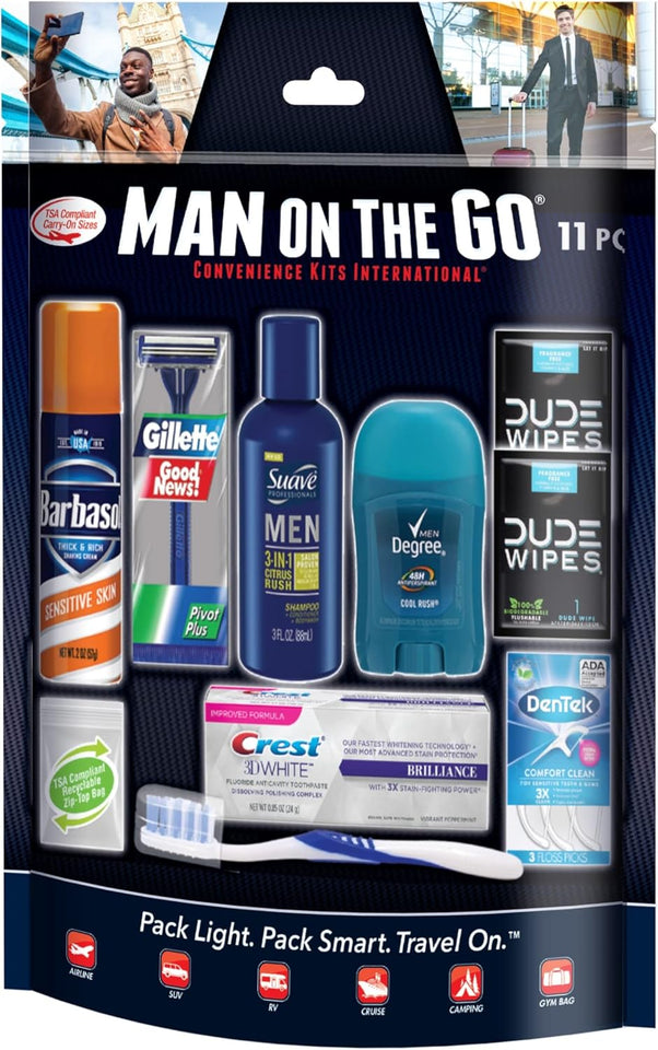 Convenience Kits International Men's 11 Piece Travel Kit with Oral Care and Grooming Essentials, Blue