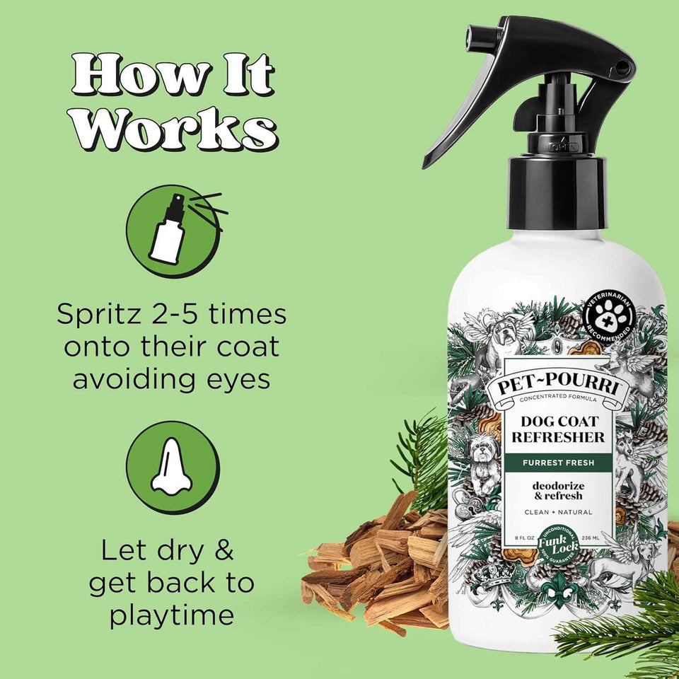 Poo-Pourri Furrest Fresh Dog Deodorizing Spray, 8 Fl Oz Grooming Perfume for Dog Coat, Pet Odor Neutralizer with Essential Oils, Vet Recommended, Paraben & Sulfate-Free Fir, Amber, & Cedarwood Scent