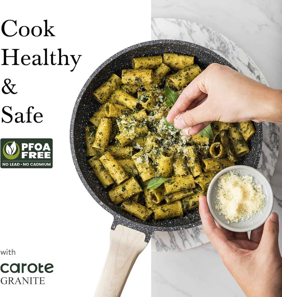 CAROTE Non Stick Frying Pan Skillet, Nonstick Granite Fry Pan with Glass Lid, Egg Pan Omelet Pans, Stone Cookware Chef's Pan, PFOA Free (Classic Granite, 10-Inch)