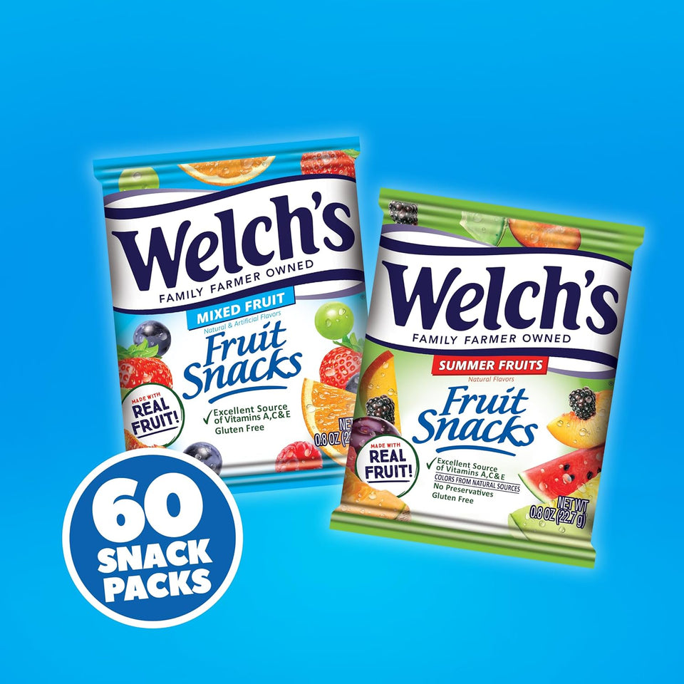 Welch's Mixed Fruit & Summer Fruits Fruit Snacks, 0.8 oz, Gluten-Free, 25% Daily Vitamins C, A & E, 60-Pack