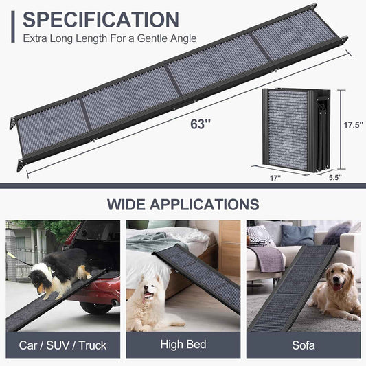 Dog Ramp for Car 63" Long & 17" Wide Portable Dog Ramps for Large Dogs with Non-Slip Rug Surface Dog Car Ramp for SUV Car & Truck, Folding Dog Ramp Up to 250LBS