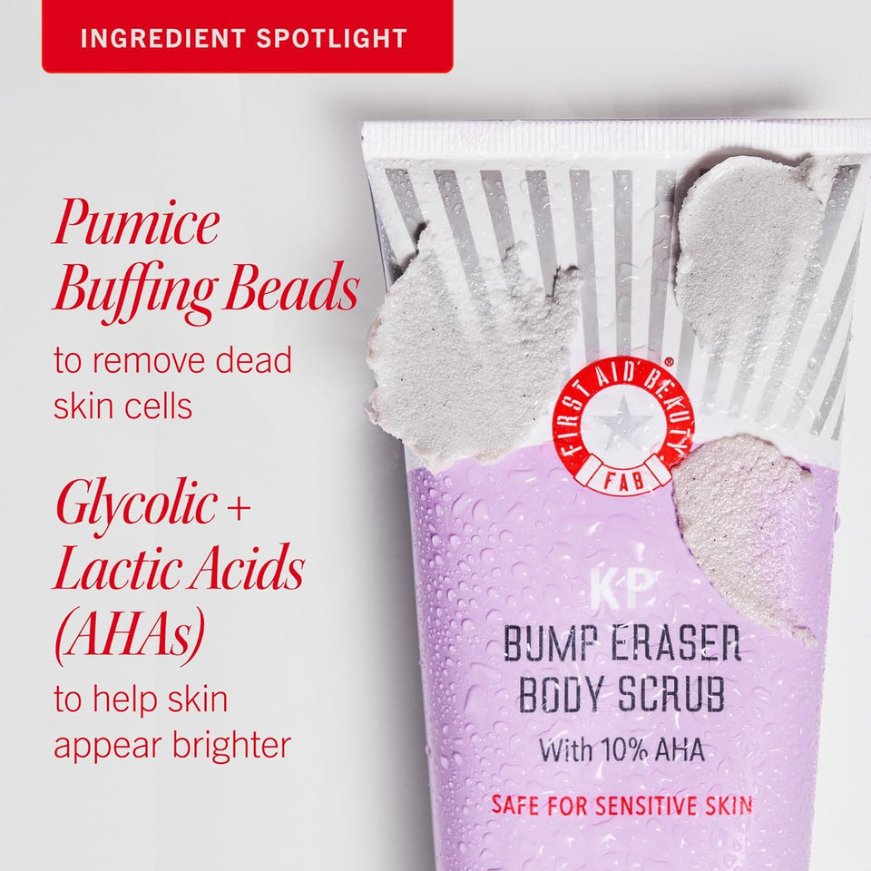 First Aid Beauty - KP Bump Eraser Body Scrub with 10% AHA, Keratosis Pilaris Skin Exfoliator with Glycolic and Lactic acids, Helps Reduce Chicken Bumps, Safe for Sensitive Skin, 2 oz