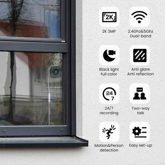 2K No Drill Window Camera-2 Pack 2.4Ghz & 5Ghz WiFi Cameras for Home Security for Indoor & Outdoor Monitoring, Anti-Glare Color Night Vision, Human Detection, 24/7 Recording, Ideal for Apartment, K1