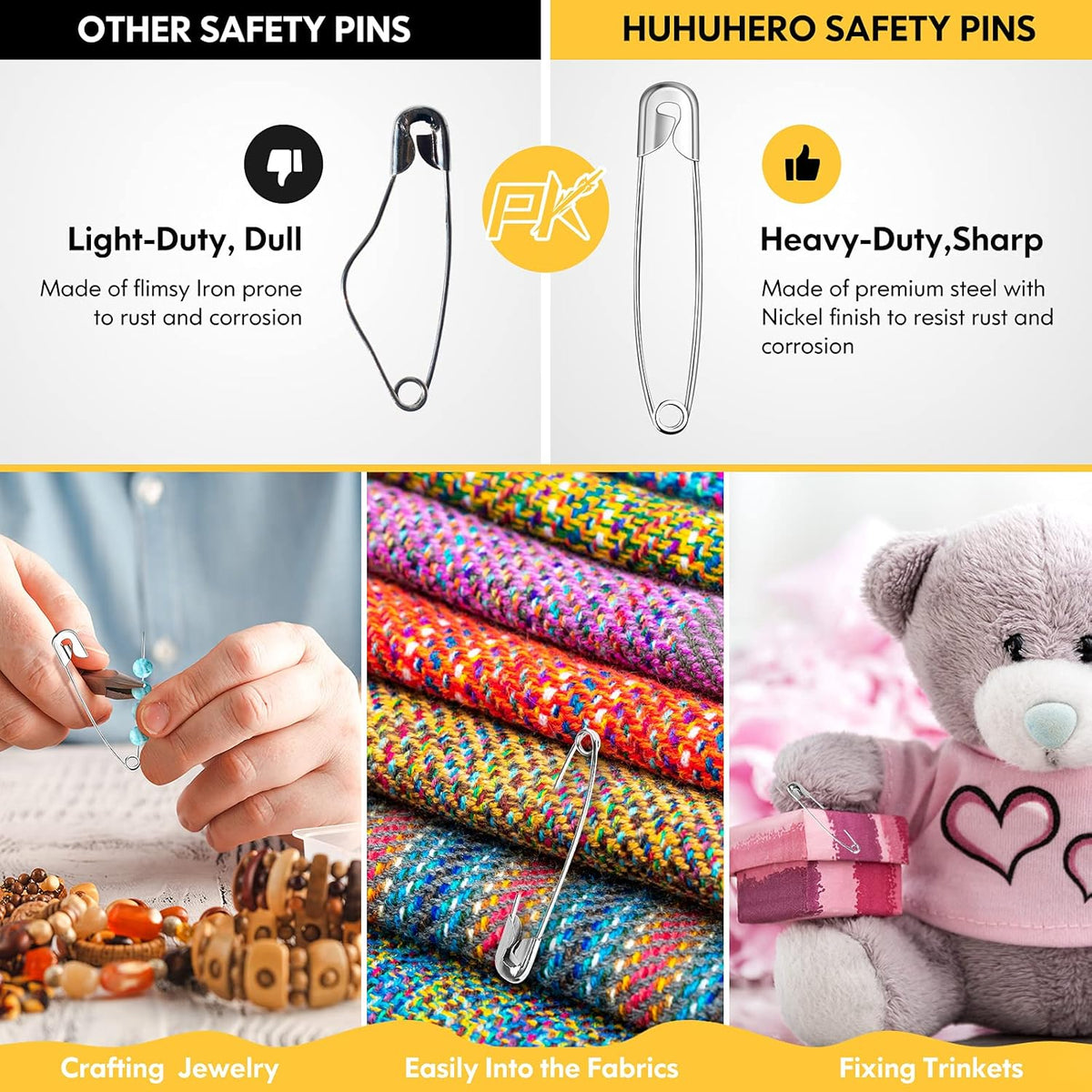 Huhuhero 160Pcs Safety Pins, Large & Small Safety Pins for Clothes Sewing Craft, Nickel Plated Steel Assorted Size Pins Bulk, Art and Craft Supplies (Sliver)