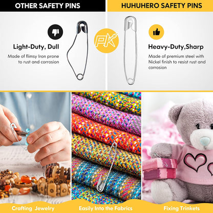 Huhuhero 160Pcs Safety Pins, Large & Small Safety Pins for Clothes Sewing Craft, Nickel Plated Steel Assorted Size Pins Bulk, Art and Craft Supplies (Sliver)