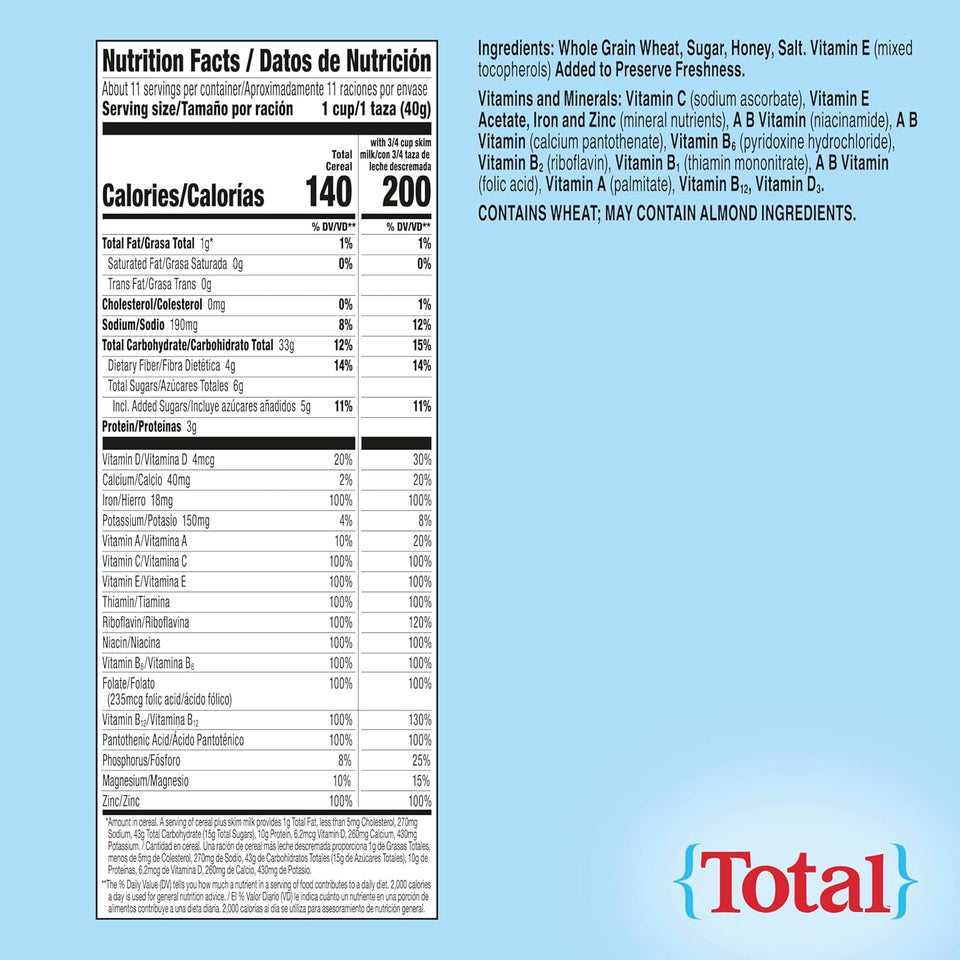 Whole Grain Total Breakfast Cereal, 100% daily value of 11 vitamins and minerals, 16 oz