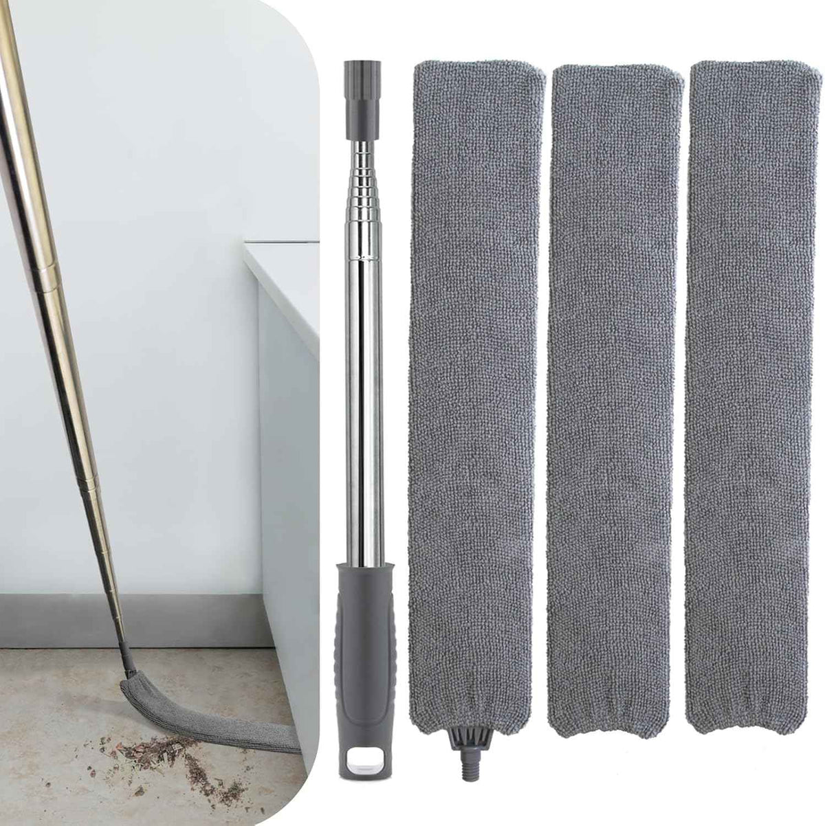 Retractable gap dust cleaner with extension pole and 3 microfiber cloths for under refrigerator, furniture, and appliance cleaning