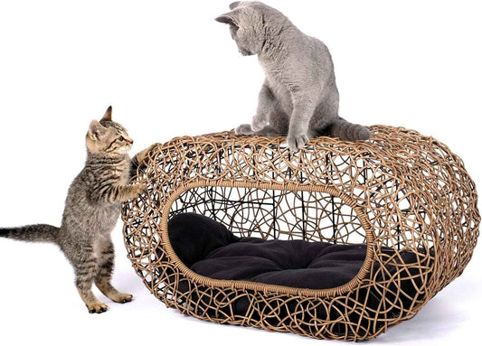 Fun Stackable Cat Condo for Indoor Cats - Interactive Play Faux Rattan Cat House for Indoor Cats Kitty, Pet Friendly Top/Side House Entry, Cat Bed Enclosed