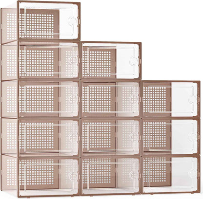 Kuject X-Large Shoe Storage Boxes Organizers Clear Plastic Stackable 12 Pack, Shoe Rack & Holder Substitute, Sneaker Containers, Toy Storage Organizer Bins for Entryway, Closet, Under Bed, Black