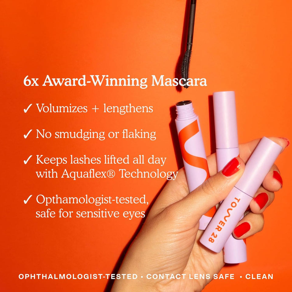 Tower 28 MakeWaves Vegan Black Mascara - Volumizing & Lengthening Mascara for Sensitive Eyes - With Aquaflex Technology for Humidity-Proof Lift - Hypoallergenic Eye Makeup - Jet (0.29 oz)