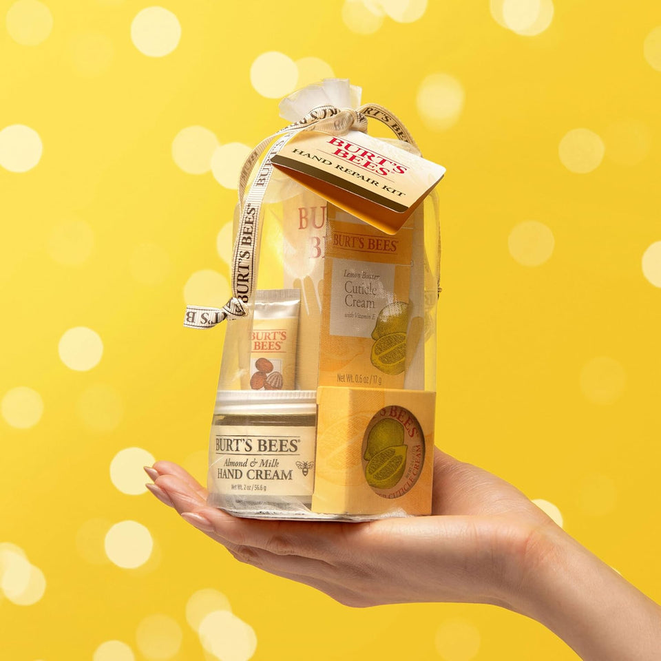 Burt's Bees Hand Repair Gift Set with 3 Hand Creams and Gloves - Almond Milk, Lemon Butter, Shea Butter