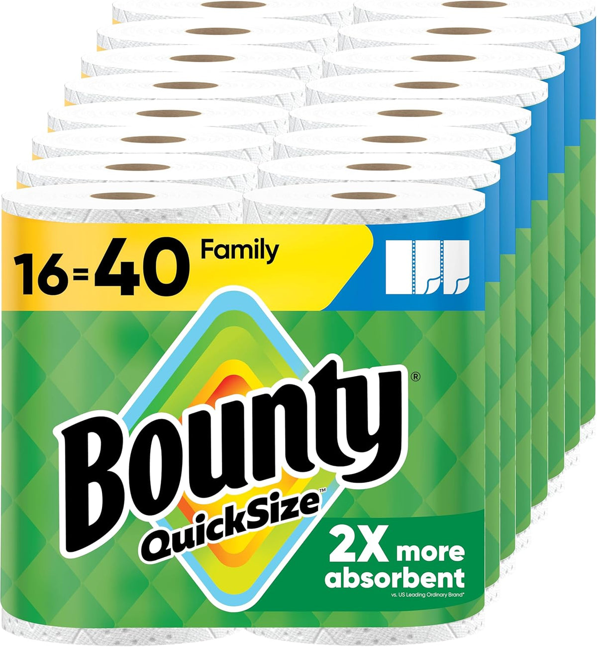 Bounty Paper Towels Quick Size, White, 16 Family Rolls = 40 Regular Rolls