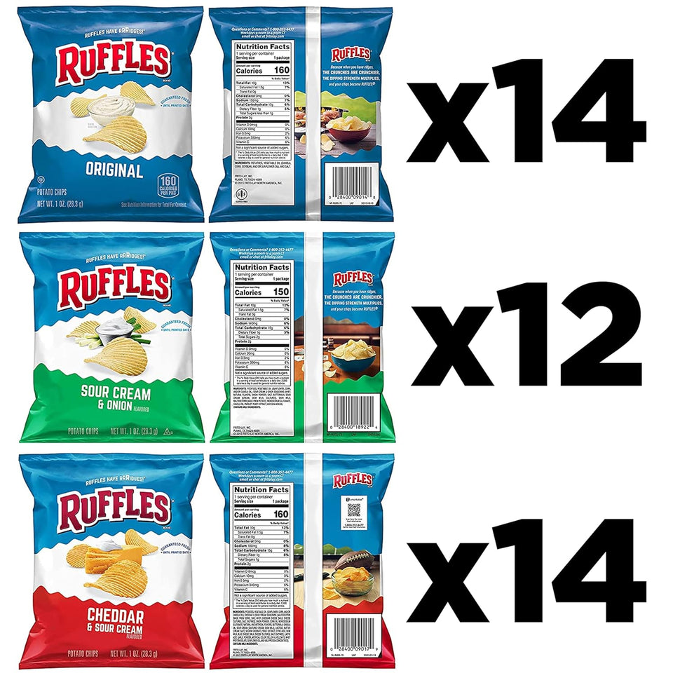 ruffles potato chips variety pack, 40-count, original, sour cream & onion, cheddar sour cream