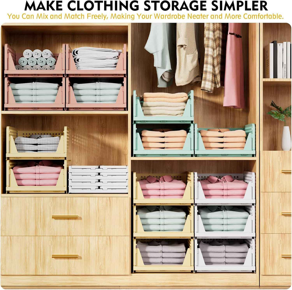 SNSLXH 5 Pack Stackable Closet Storage Basket, Multifunctional & Foldable Closet Organizer for Bathroom Kitchen Laundry Room Wardrobe Storage, Space-Saving Clothes Storage Drawer Organizer, White