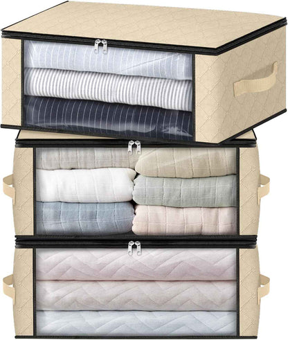 HomeHacks Storage 3-Pack Clothes Organizer Storage Bags Foldable Storage Box with Large Clear Window Sturdy Handles for Closet, Dorm, Pillows, Bedding, Clothes, Blankets, 35L, Gray