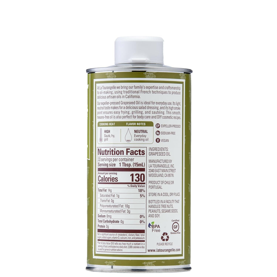 la tourangelle expeller-pressed grapeseed oil, 16.9 fl oz, high heat neutral cooking oil and skincare