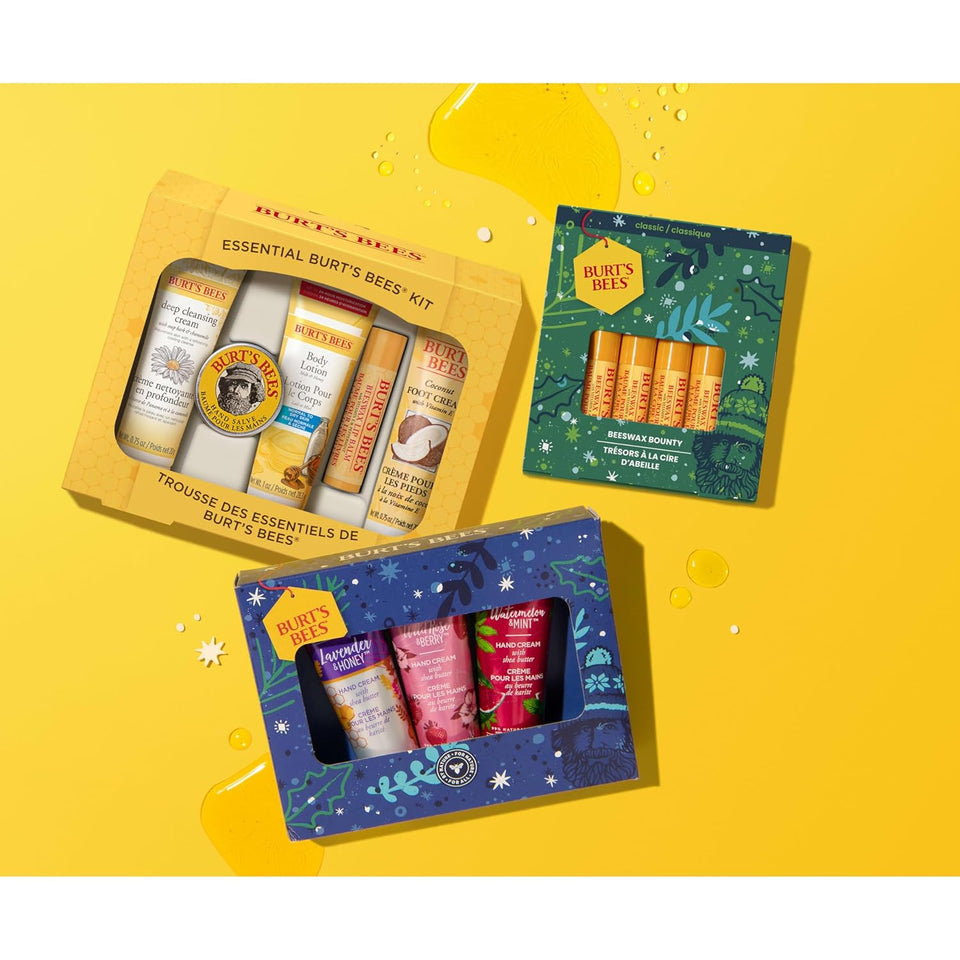 Burt's Bees essentials set with deep cleansing cream, hand salve, body lotion, foot cream, and lip balm - travel size
