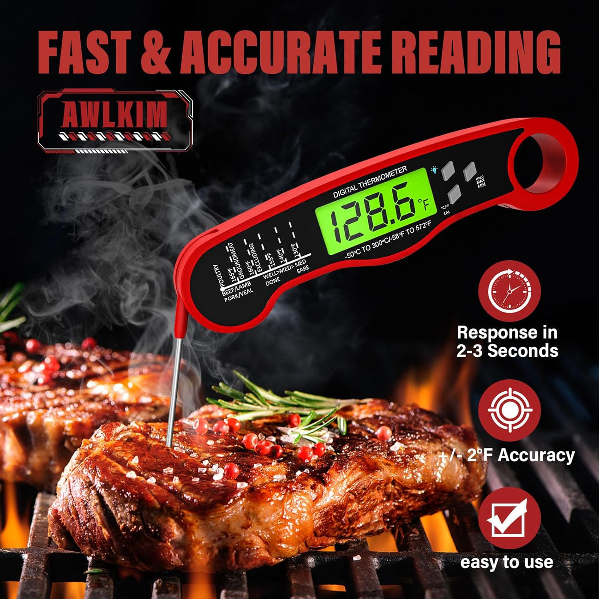 Meat Thermometer Digital - Instant Read Waterproof Food Thermometer with Backlight for Cooking, Grill, Candy, Kitchen & Stocking Stuffers for Men - Red
