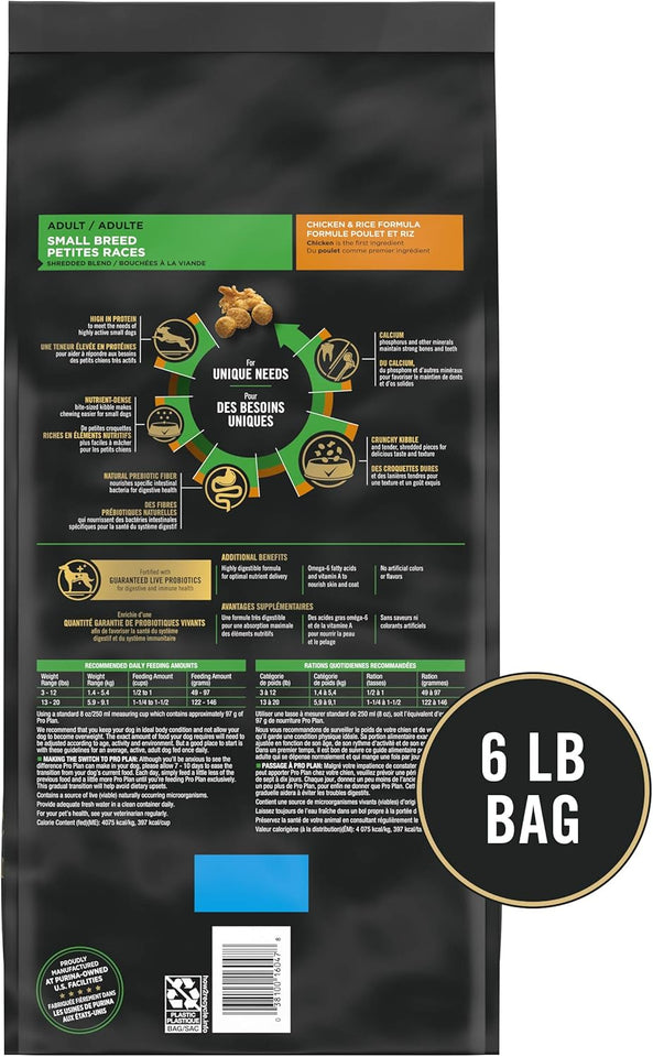Purina Pro Plan small breed dog food with probiotics, shredded chicken and rice formula, 6 lb bag for small dogs