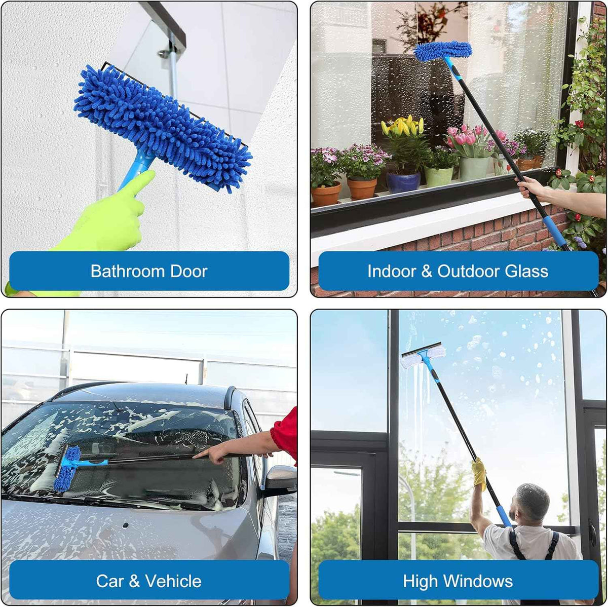 VITEVER Professional 69'' Window Squeegee Cleaner Tool with Extension Pole, 2-in-1 Squeegee for Window Cleaning Kit with Scrubber and Rotating Head, 1 Blade 2 Scrubber